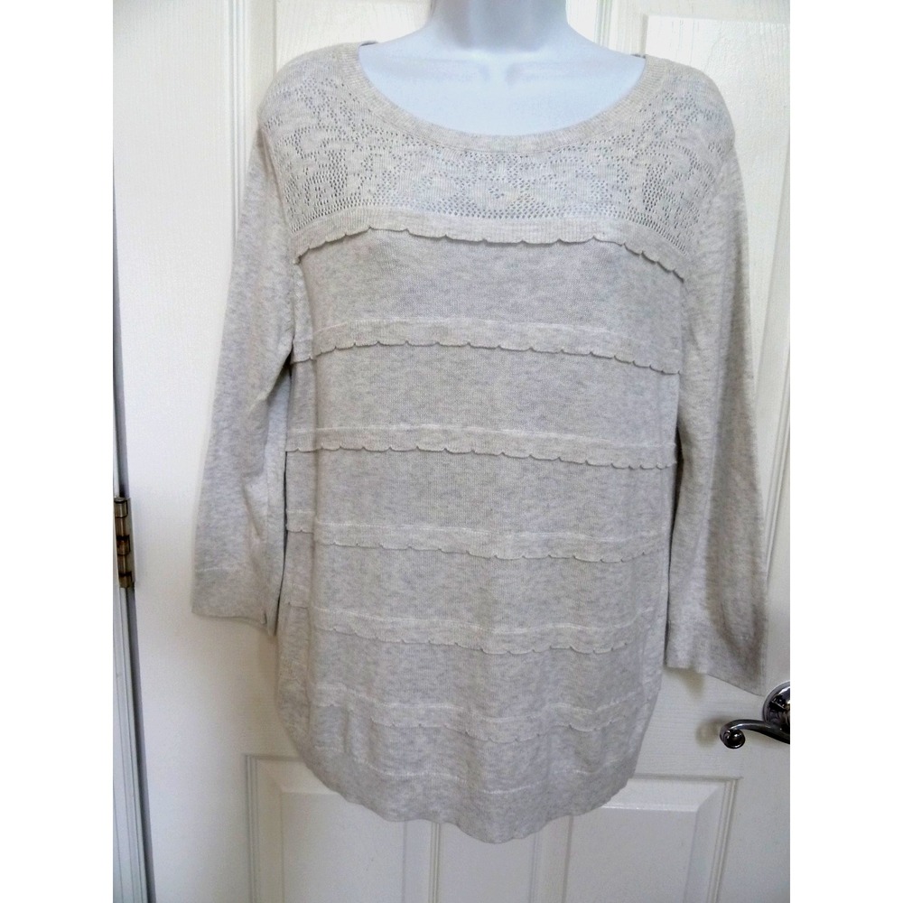 ELLE Women Large 3/4 Sleeve Light Gray Cotton Rayon Ruffled Pullover Sweater